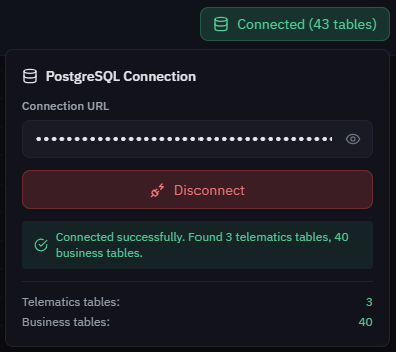 connection panel showing URL input and discovered table counts
